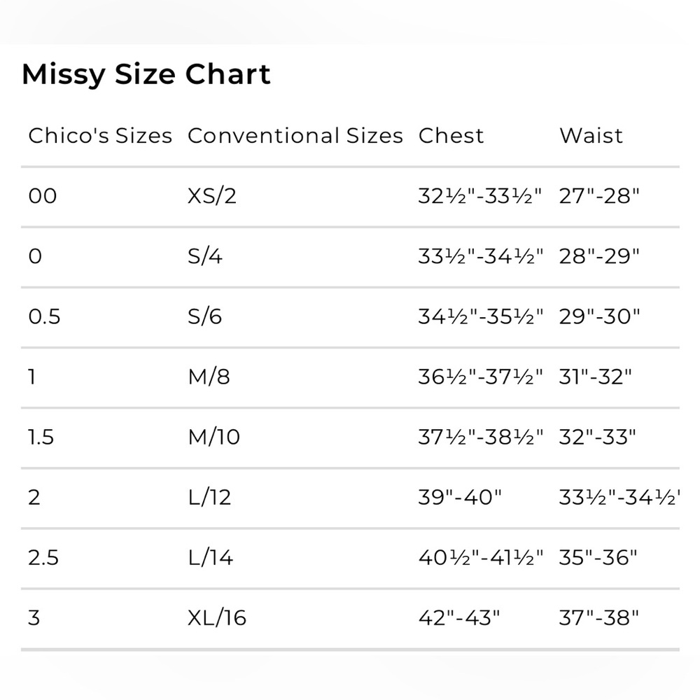 ⭐️🛍️ CHICO’S SIZE CHART ⭐️🛍️